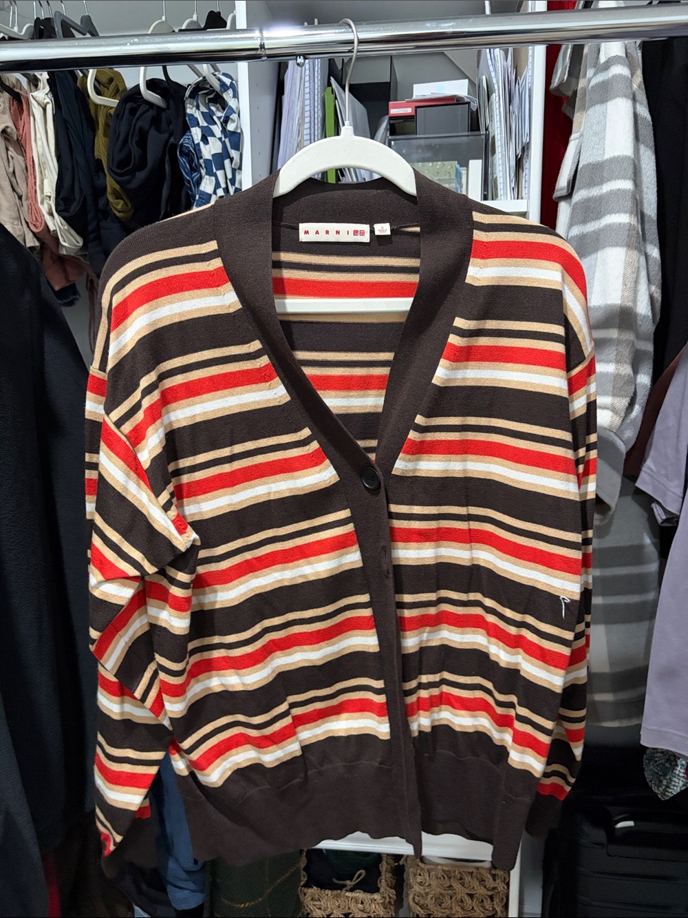 Marni Brown, Red & Cream Striped V-Neck Cardigan